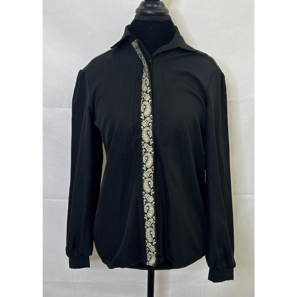 Vintage Ann Chabrol Blouse Womens Size 14 Black w/Gold Paisley Button Detail
